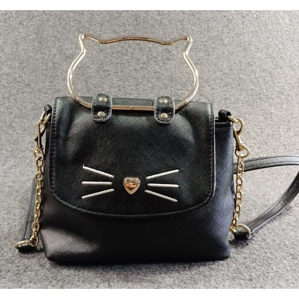Kitty Cat Themed Black Handbag with Gold Cat Face Shaped Hand Strap